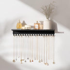 Necklace Holder Wall Hanging Organizer: Wall Mounted Jewelry Shelf with 56 Hooks and Tray, Display Hanger for Kids, Girls and Women, Black & Metal