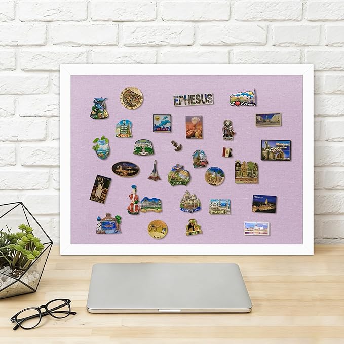 DOLLAR BOSS Bulletin Board with Linen Double-Sided 30" x 20" Linen Cork Boards for Walls Picture Display Vision Board for Office Home School Framed Picture Pin Board, 20 Pushpins 10 Clips, Purple