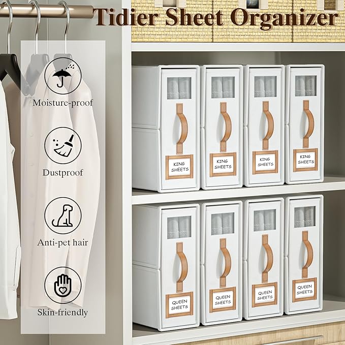4 Pack Foldable Bed Sheets Set Organizers and Storage(King & Queen Size),Linen Fabric Closet Organizers with Window,Folding Bedding Storage Box for Bedsheets and Pillow Cube Organizer-White