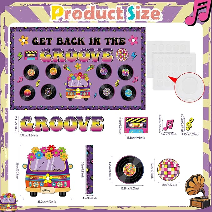 Pajean Groovy Music Bulletin Board Set Retro Record Classroom Decorations 80s 90s Disco Record Flower School Bus Cutouts with Purple Borders for Door Wall Chalkboard Decor Office Supplies