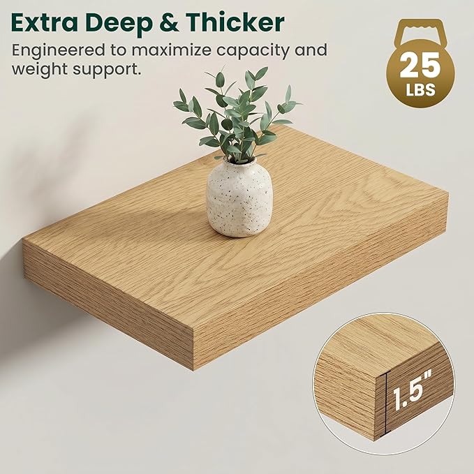 Floating Shelves for Wall 16 in x 9.3 in Deep, Wall Mounted Rustic Wood Shelf with Invisible Brackets for Storage & Display, Living Room Bedroom Bathroom, Oak, 2 Pack