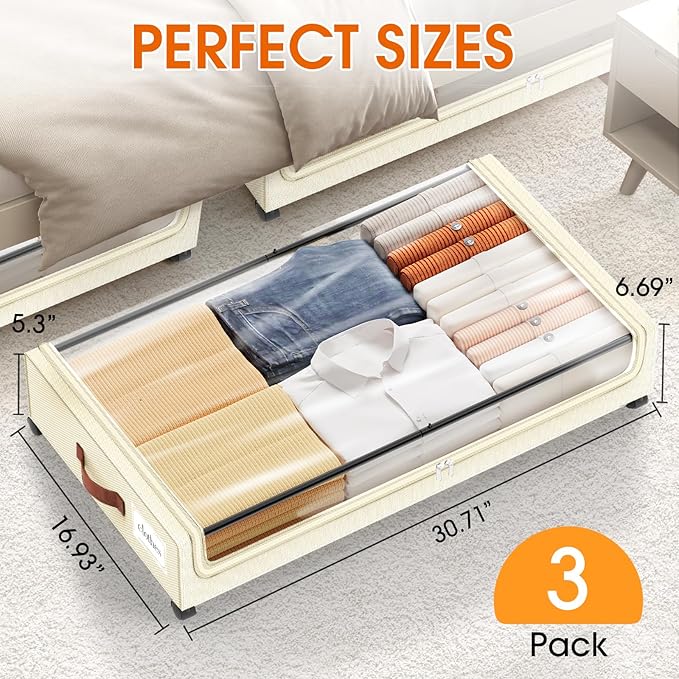 Under Bed Storage with Wheels 3Pack Underbed Storage with Clear Window&Label Under Bed Drawers Large Capacity Rolling Under Bed Storage for Clothes,Shoes, Blankets (Beige)