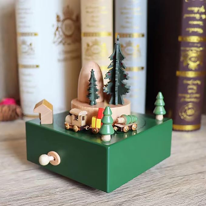 Natural Solid Wood Handcrafted Beech Wooden, Musical FigureTotoro/Carousel/Fairy/Ballerina Figurine,Rotating Hand Crank Mechanism Music Box,Musical Decorations (Green Christmas Train)