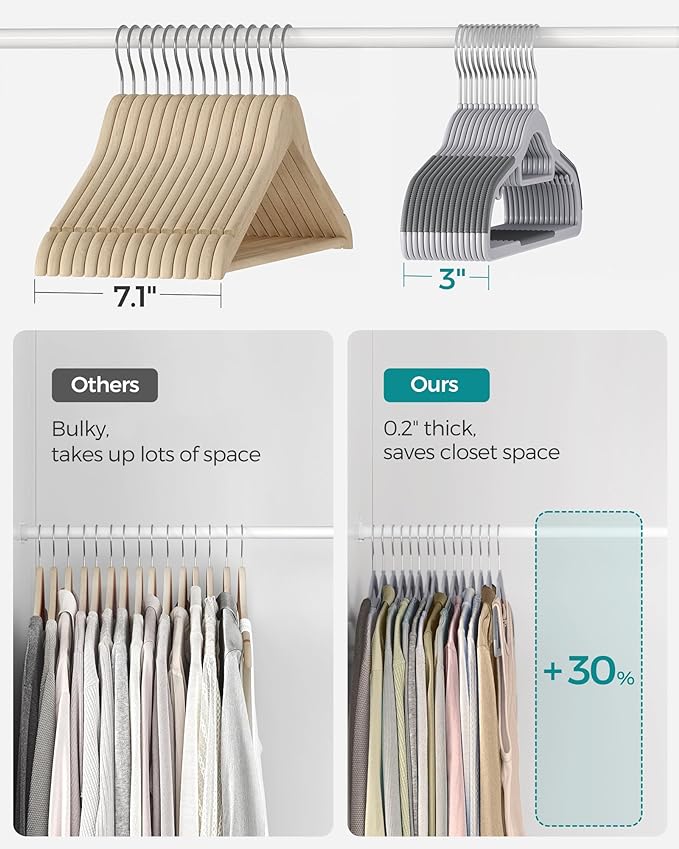 SONGMICS Pack of 50 Coat Hangers, Space-Saving Plastic Clothes Hangers, Non-Slip, 0.2 Inches Slim, 16.5 Inches Wide, 360° Swivel Silver Hook, Light Gray and Dark Gray UCRP20G50