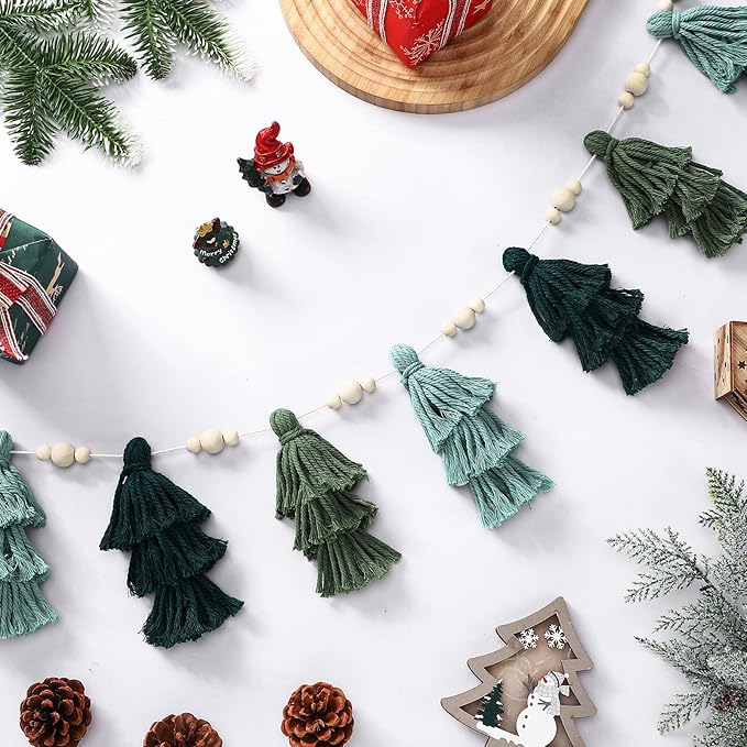Hahafelt Boho Christmas Green Tassel Garland 6.56ft Christmas Tree Yarn Banner with Wood Beads Sage Green Wall Hanging Decor for Cottage Mantel Bedroom Nursery Baby Shower Playroom Decors