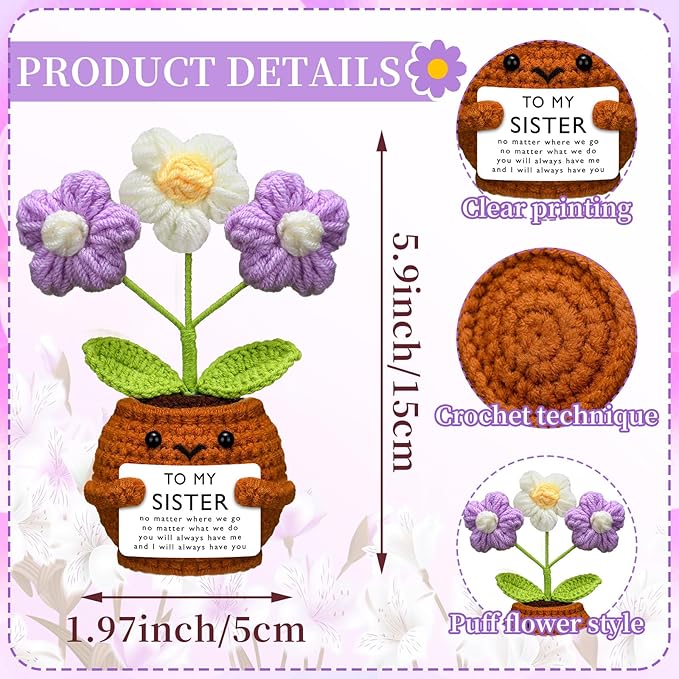 Wavwavw Sister Gifts Handmade Crochet Doll with Card Crochet Present for Sisters Sis Big Little Sister Birthday Wedding Home Decor(Purple Flowers)