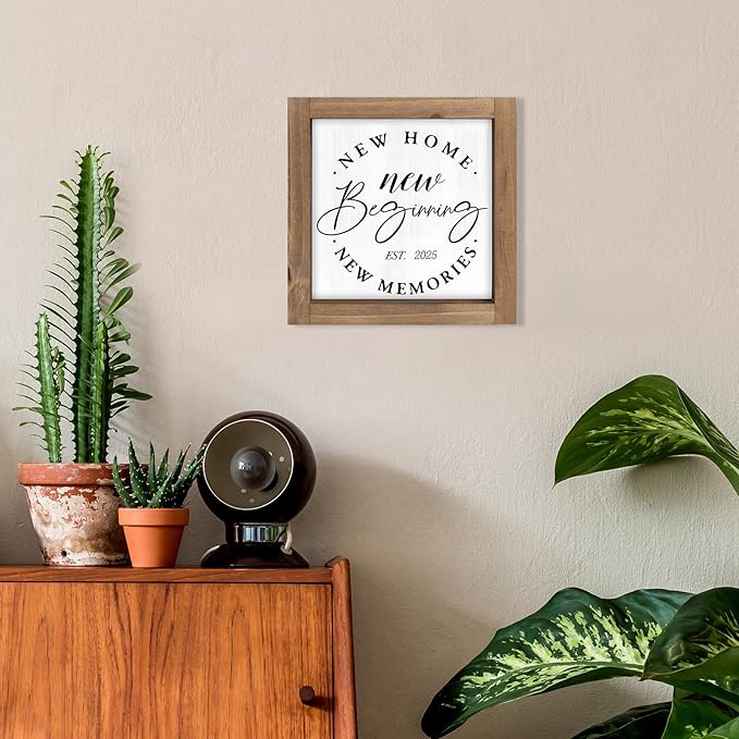 Wooden New Home Sweet Home Sign Decor, 6 Inch New Beginnings Rustic 2025 Housewarming Gifts for Family Homeowner, Indoor Table Tiered Tray Wall Art Shelf Desk Bedroom Farmhouse Decorations