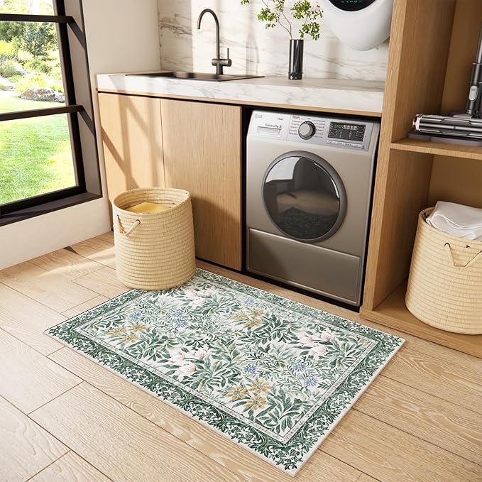 Botanical Floral Washable Entryway Area Rug 2x3 Light Green Cream Vintage Garden Design, Perfect for Soft Door Mat Indoor Entrance, Ultra-Thin Easy Clean Small Throw Carpet for Bedroom Bathroom