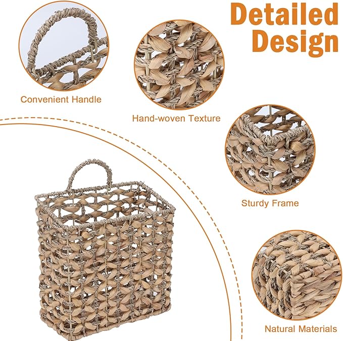 Magazine Holder Metal Frame Woven Wall Basket Hanging Magazine Storage Mail Organizer Rack for Entryway Office Bathroom Laundry Room Kitchen Home Decor Small Spaces Apartment Living Room Hallway