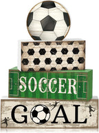 Moucuny 4 Pcs Soccer Party Decorations Soccer Table Centerpiece Football Tiered Tray Decor Wooden Ball Block Signs Gift Sports Themed Table Decorations for Boys Baby Shower Party Supplies Decor