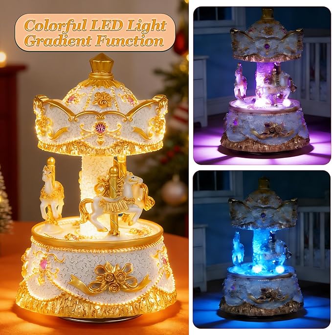 Carousel Music Box，Luxury Color Change LED Light Music Box,Luminous Rotating 3-Horse Musical Box with Gift Box for Girls Birthday Valentine Gift (You are My Sunshine, Light Gold)