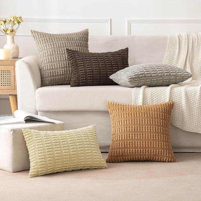 MIULEE Pack of 2 Corduroy Decorative Throw Pillow Covers 20x20 Inch Soft Boho Striped Pillow Covers Modern Farmhouse Home Decor for Sofa Living Room Couch Bed Brown