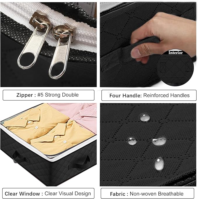 6 Pack Under bed Storage Containers, 90L Large Capacity Bedroom Closet Organizers and Storage Bins Foldable Underbed Storage Bags for Clothes, Blanket, Towels, Comforter, Sweaters, Linen Sheet Black