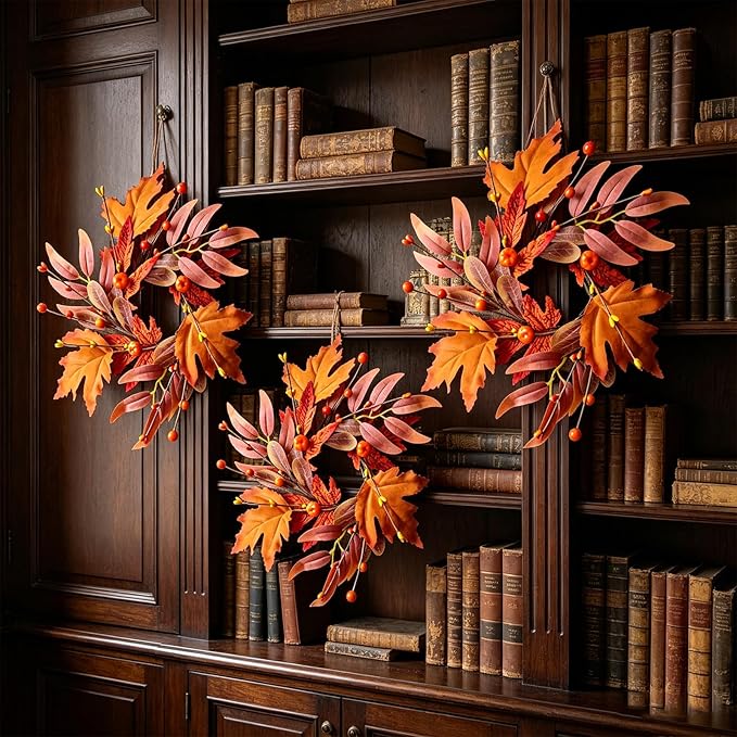 6 PCS Mini Fall Wreaths for Kitchen Cabinet 9 Inch Fall Maple Leaf Wreath for Front Door Small Autumn Hanging Wreath Thanksgiving Candle Ring for Farmhouse Home Porch Wall Window Table Decoration