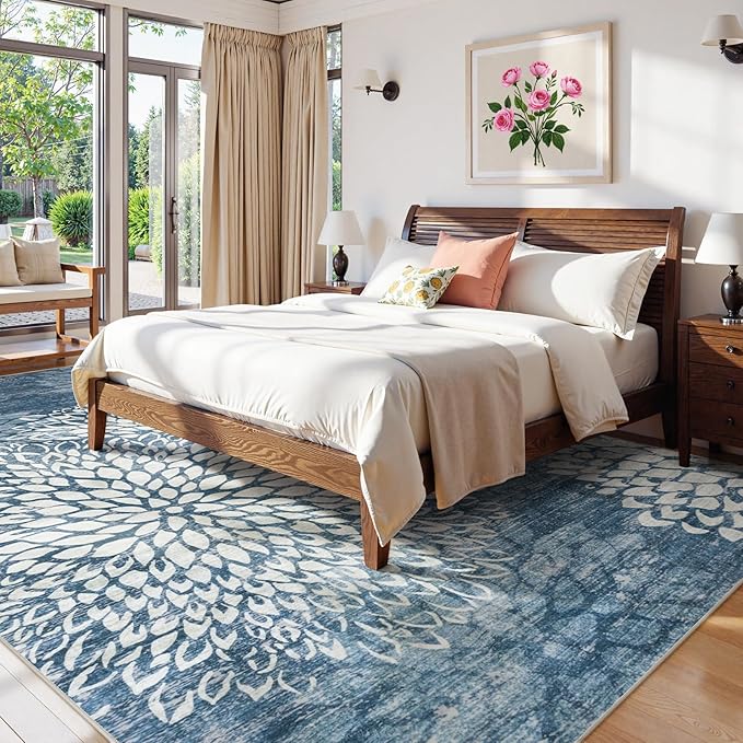 Dahlia Blue Washable Area Rugs 8x10, Low Pile Floral Bedroom Rug 8x10 Under Bed, Boho Soft Large Rug for Living Room, Non Slip Floor Carpet for Dining Room Office,Blue