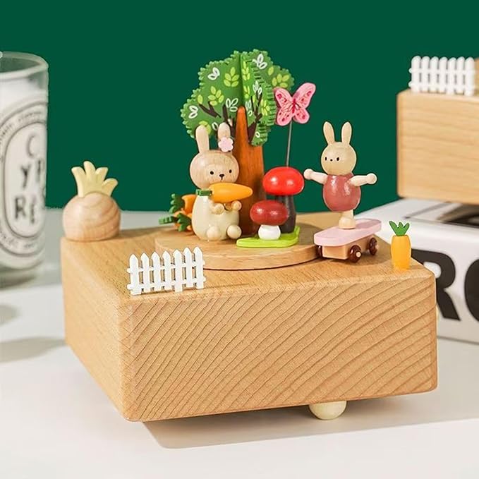 Natural Solid Wood Handcrafted Beech Wooden, Musical FigureTotoro/Carousel/Fairy/Ballerina Figurine,Rotating Hand Crank Mechanism Music Box,Musical Decorations (Snowboard and Rabbit)