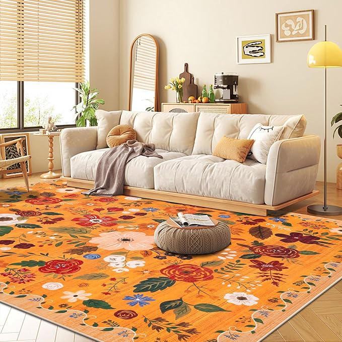 U'Artlines 8x10ft Fall Colorful Floral Area Rug Machine Washable Ultra Soft Low Pile Non Slip Non Shedding Accent Floor Carpet for Living Room, Bedroom, Dining Room, Office (Orange)