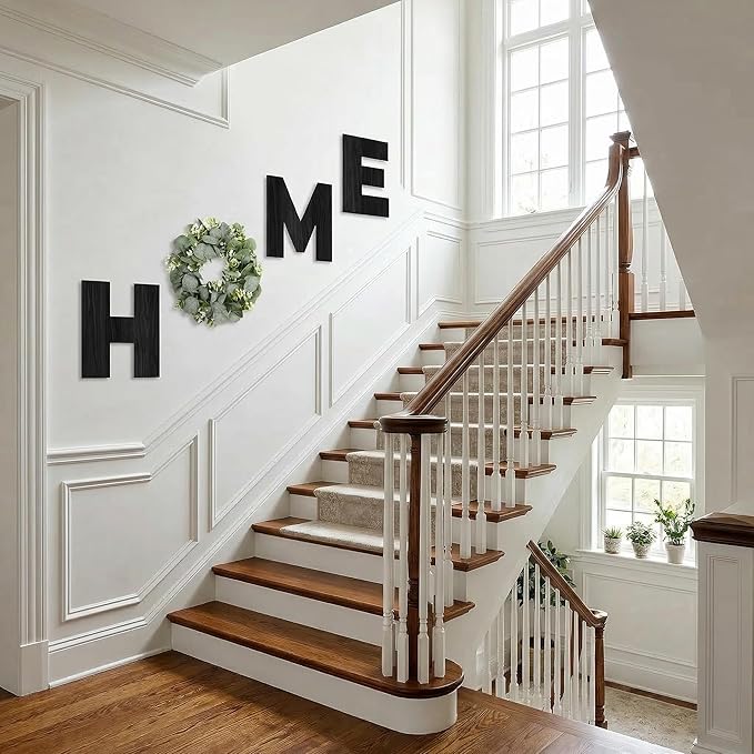 Pinkpum Wood Home Sign with Artificial Eucalyptus Wreath for O, Hanging Farmhouse Wall House Decor Wood Letters for Wall Art Rustic Home Decor, Wall Decor for Living Room Kitchen Entryway (Black)