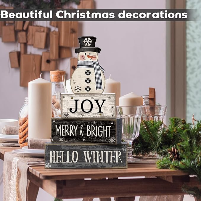 Lineshading 4 Pcs Snowman Christmas Table Decorations Black and White Wooden Snowman Stacked Block Sign Gifts Winter Tiered Tray Decor Rustic Winter Tabletop Centerpiece Farmhouse for Home Kitchen