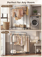 Clothes Rack, Rolling Clothing Rack with Double Rods for Hanging Clothes, Portable Garment Rack with Wheels, Metal Wardrobe Closet Organizer for Bedroom and Laundry Room
