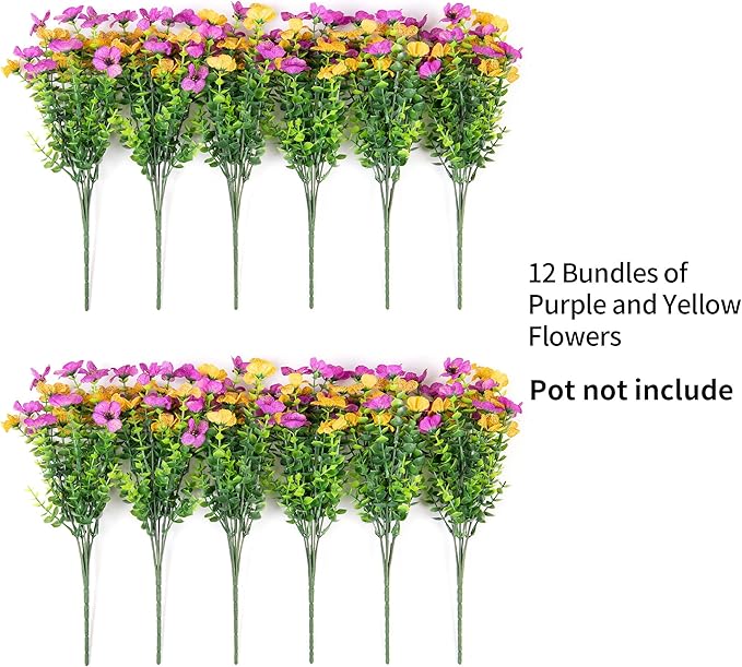 Artificial Fake Mums Flowers for Outdoor Spring Summer Decor, 12 Bundles Faux Silk Plants Daisy for Planter Pot Colorful UV Resistant Look Real for Front Door Porch Patio Outside Yard(Purple Yellow)