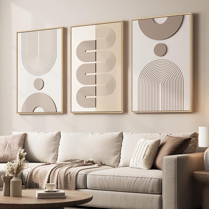 Large 3D Textured Framed Boho Neutral Abstract Wall Art for Living Room, 3 Piece Modern Paintings Artwork for Walls, Minimalist Beige White Geometric Pictures for Bedroom Hallway Office Wall Decor 24x36 In