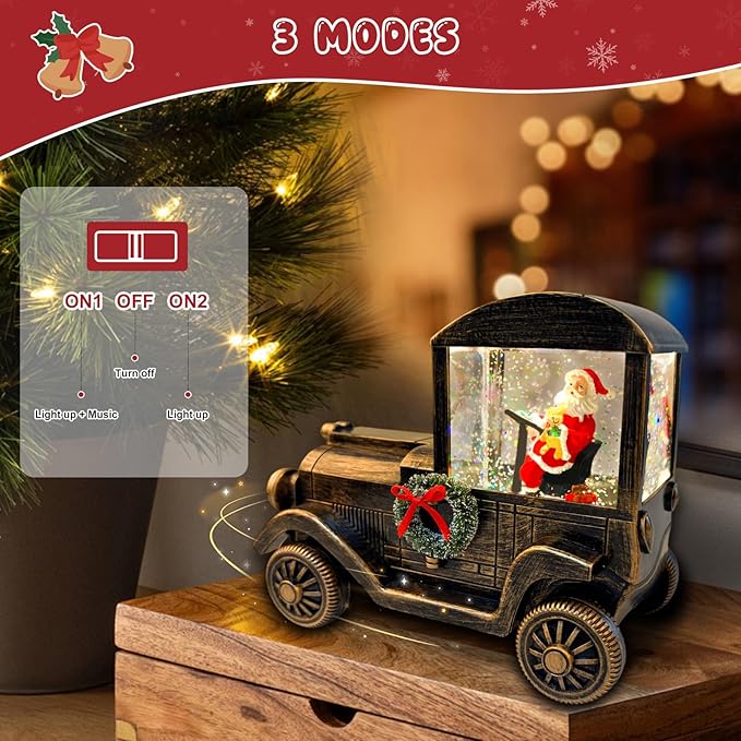 Christmas Snow Globe Lantern Truck Water Glittering Globe with Santa 8 Music Songs Christmas Snow Globes USB & Battery Operated for Christmas Festival Decorations Gifts (Truck-Santa)