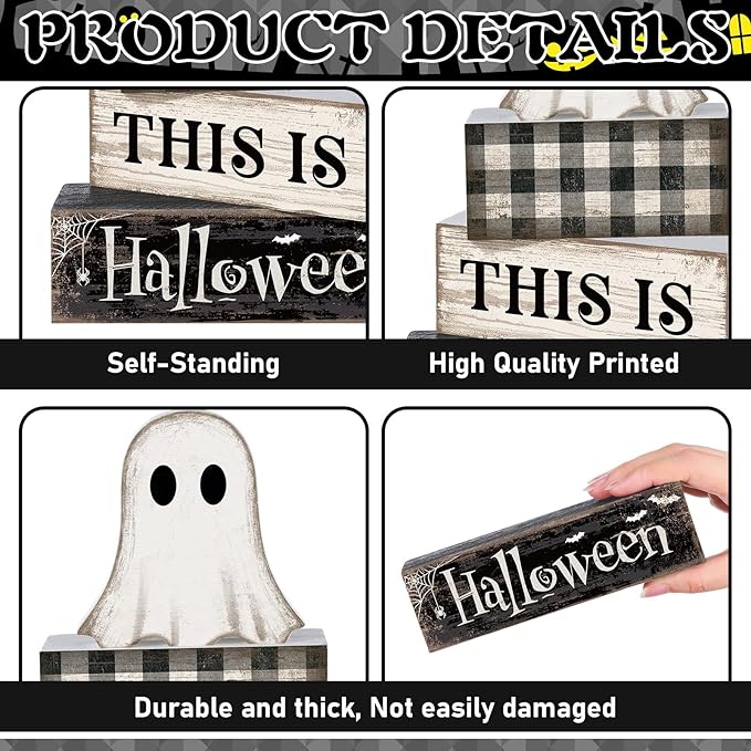 Lineshading 4 Pcs Ghost Halloween Decor Black and White Halloween Tiered Tray Decor Ghost Table Centerpiece Decorations Rustic Wooden Block Sign Gift for Home Shelf Kitchen Coffee Bar