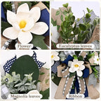 Waipfaru Spring Summer Wreaths for Front Door, 22 Inch Magnolia Wreath with Eucalyptus & Blue Grey Burlap Bow, Front Door Wreath for Farmhouse Porch Outdoor Decor Outside All Season (1 Pcs)