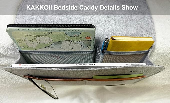 Bedside Caddy, Sofa Caddy, Storage Organizer Pocket for Dorm, Bedroom, 5 Pockets Felt Organizer for Magazine, Remote, Phone, Tablet, Pad, Glasses, Pen, Remote Control (Light Grey-Short)