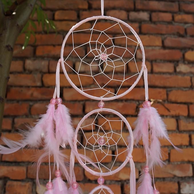 Triple Circles Silk Ribbon Pink Dream Catcher for Girls - Wall Decor for Bedroom, Girl's Room Hanging Decor, Boho Wall Art for Girls Bedroom