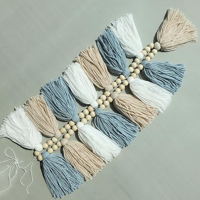 DCJHFJ Boho Blue Tassel Garland Wall Hanging with Wood Beads for Baby Shower Kids Room Bedroom Nursey Back to School Decorations