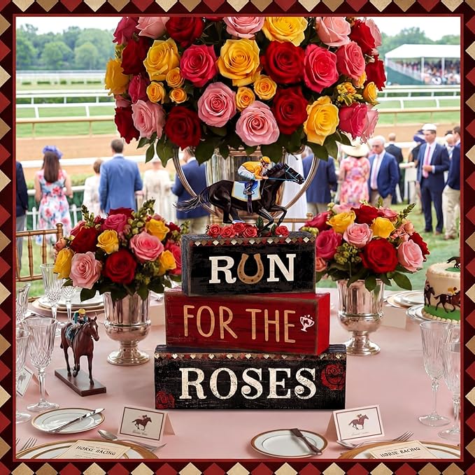 Yuntau 4 Pcs Derby Day Party Decorations Horse Centerpieces for Tables Run for the Roses Table Signs Horsing Racing Wooden Decorations for Derby Shelf Office Festival Party Supplies