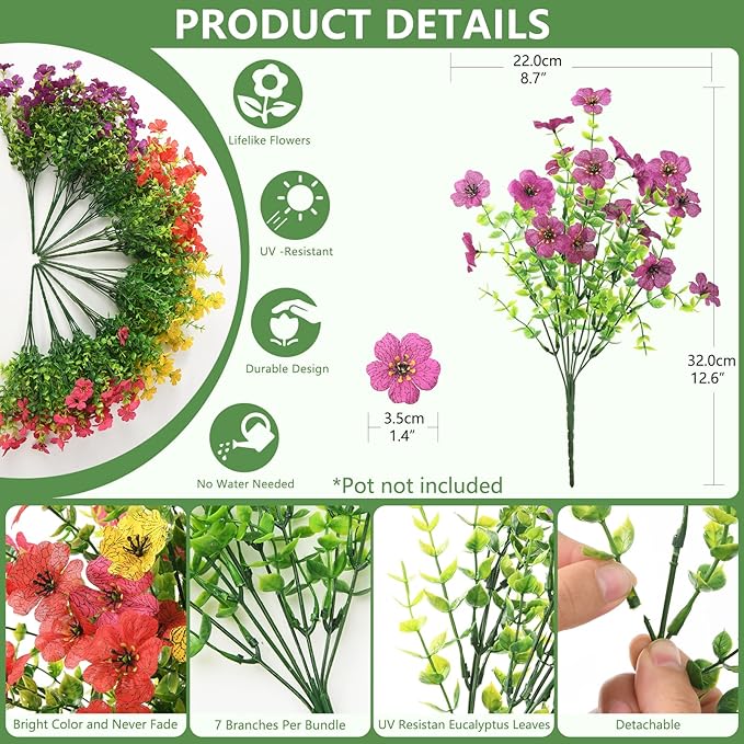 Artificial Flowers for Outdoors, 12 Bundles Multicolor Silk Fake Flower for Spring Summer Decoration, UV Resistant No Fade Artificial Outdoor Plants for Home Planter Porch Patio Yard Decor