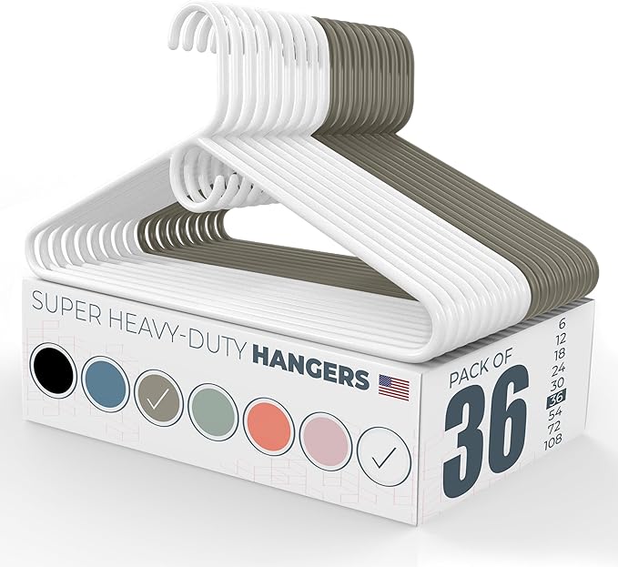 Neaties Super Heavy Duty Clothes Hangers 36 Pack – Made in the USA - 10lb Capacity, Thick Plastic Hangers for Pants, Coats, Jackets, Jeans and Adult Clothing – White & Gray