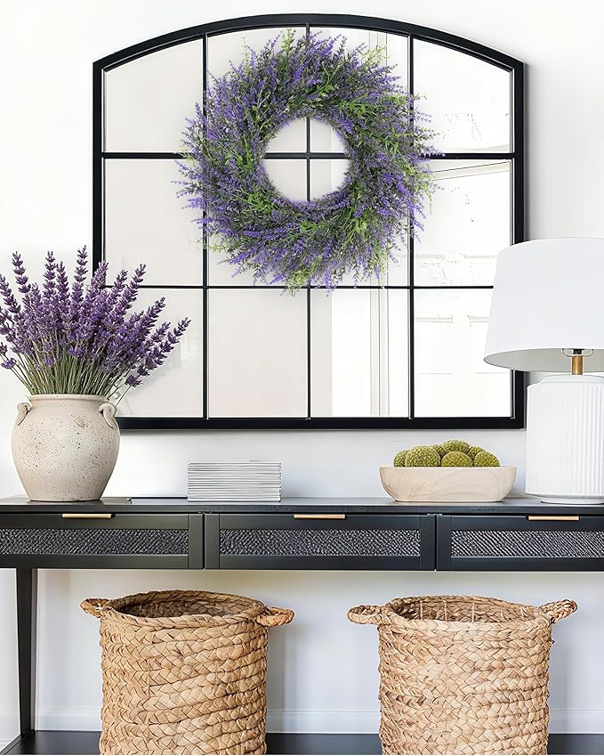 DDHS 24inch Lavender Wreath for Front Door, Window, Porch, Spring Summer Artificial Wreaths All Seasons Farmhouse Indoor Outdoor Decor-pulpre