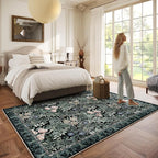 Washable Area Rugs 6x9 Black Green Vintage Floral Botanical Pattern,Perfect for Living Room, Bedroom, Kids Room, Nursery - Stain & Water Resistant Non-Slip, Pet & Child Friendly/Bedroom Decor