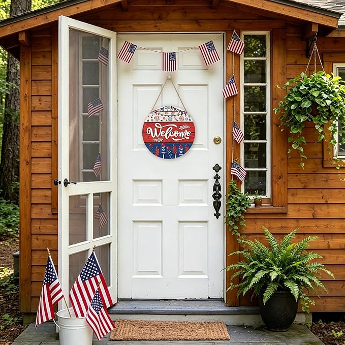 Memorial Day Decorations Door Sign for Front Door, Independence Day Patriotic Wreaths Welcome Sign, Round Wood Hanging Door Sign for Memorial Day 4th of July Patriotic Wreaths Outdoor 12”x 12”