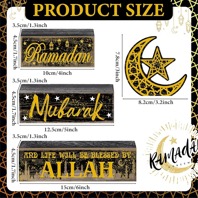 Moucuny 4 Pcs Ramadan Mubarak Table Decor Wooden Eid Mubarak Tabletop Signs for Home Black and Gold Muslim Islam Ramadan Mubarak Centerpiece for Islamic Gifts Kareem Home Table Decor
