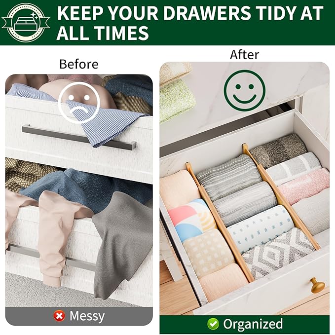 4 Pack Bamboo Drawer Dividers 2.6" High,Adjustable Spring Loaded Clothes Drawer Organizers for Kitchen, Dresser, Bathroom, Bedroom and Office
