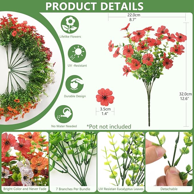 Artificial Flowers for Outdoors, 12 Bundles Multicolor Fake Faux Silk Flowers for Spring Summer Decoration, UV Resistant No Fade Artificial Plants Outdoor for Planter Porch Patio Yard Home Decor
