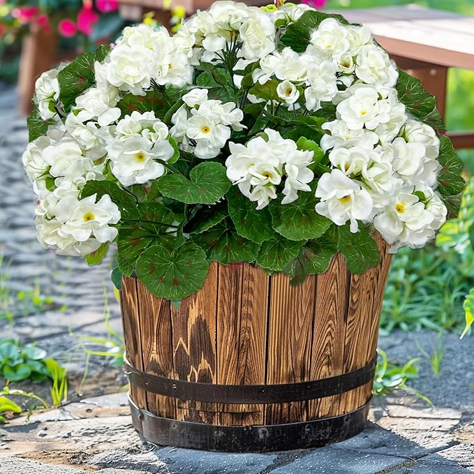 Artificial Geraniums Flowers for Outdoors Spring Decor, 4 Bundles UV Resistant Fake Geraniums Flowers Silk Faux Plants for Home Planter Gardens Table Patio Porch Indoor Cemetery Summer Decor(White)