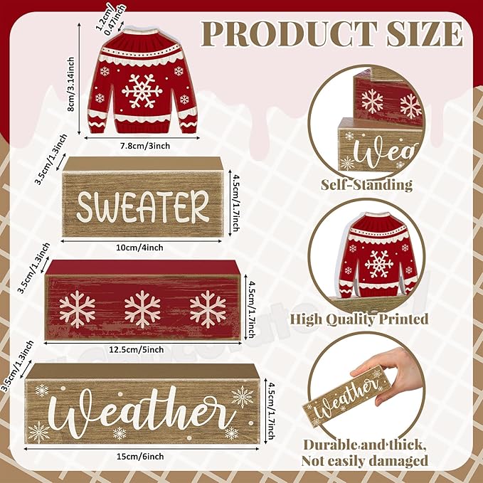 Lineshading 4 Pcs Christmas Table Decorations Ugly Sweater Christmas Decor Winter Tiered Tray Decor Xmas Centerpiece Decorative Ugly Sweater Block Signs Gift Farmhouse Xmas Decoration for Home Kitchen