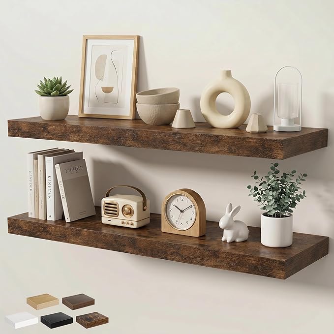 Floating Shelves for Wall 40 in x 9.3 in Deep, Wall Mounted Rustic Wood Shelf with Invisible Brackets for Storage & Display, Living Room Bedroom Bathroom, Brown, 2 Pack