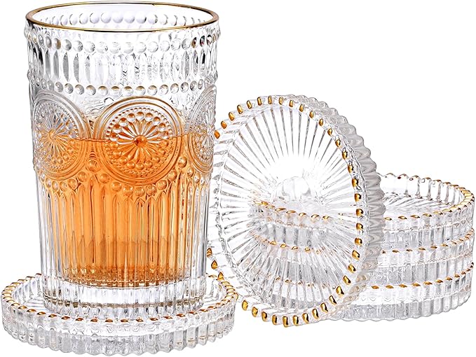 Set of 5 Modern Clear Coaster, Glass Coasters for Drinks, Crystal Coasters Round Cup Mat, Coffee Table Decor for Office, Kitchen, Bar, Dining Room, Living Room, Patio (Clear with Gold Rim)