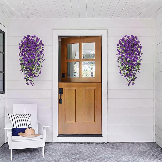 Artificial Hanging Petunias Flowers for Outdoor, 2pcs Fake Plants Long Vine Morning Glory Eucalyptus, UV Resistant Realistic Faux Greenery Outside Patio Porch Garden Spring Summer Decor, Dark Purple