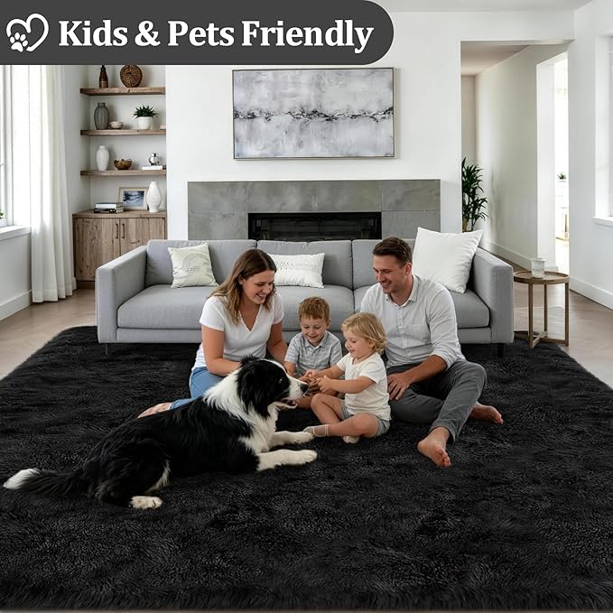Fluffy 4x6 Area Rugs for Living Room Bedroom: Ultra Soft Shag Rug Non-Slip Non-Shedding Small Plush Bedside Rug Indoor Floor Carpets for Kids Room Playroom Entryway Nursery Dorms Home Decor Black