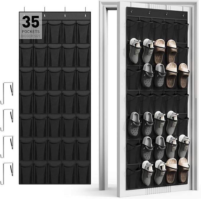 WVM Over The Door Shoe Organizer with 35 Breathable Mesh Pockets, Hanging Shoe Organizer for Door with 4 Metal Hooks, Large Capacity Closet Storage for Shoes, Accessories