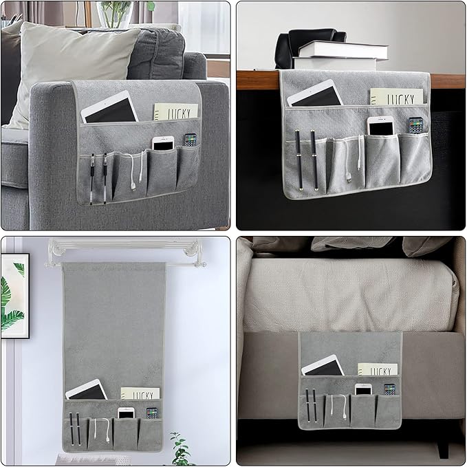 NB Sofa Armrest Organize Remote Holder Bedside Caddy Organizer With 5 Pockets，Non-Slip Couch Remote Control Holder Couch Armchair Caddy Accessories (Gray, 35''X18'')