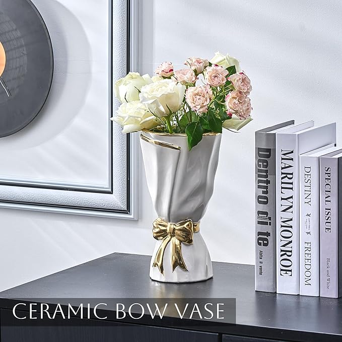 White and Gold Vase, Bow Vase for Home Decor, White Flower Vases for Boho Style, 9.65 Inch Large Vases for Ideal Table Decor, Ceramic Bouquet. （Glazed Exterior and Interior） (White, Large)